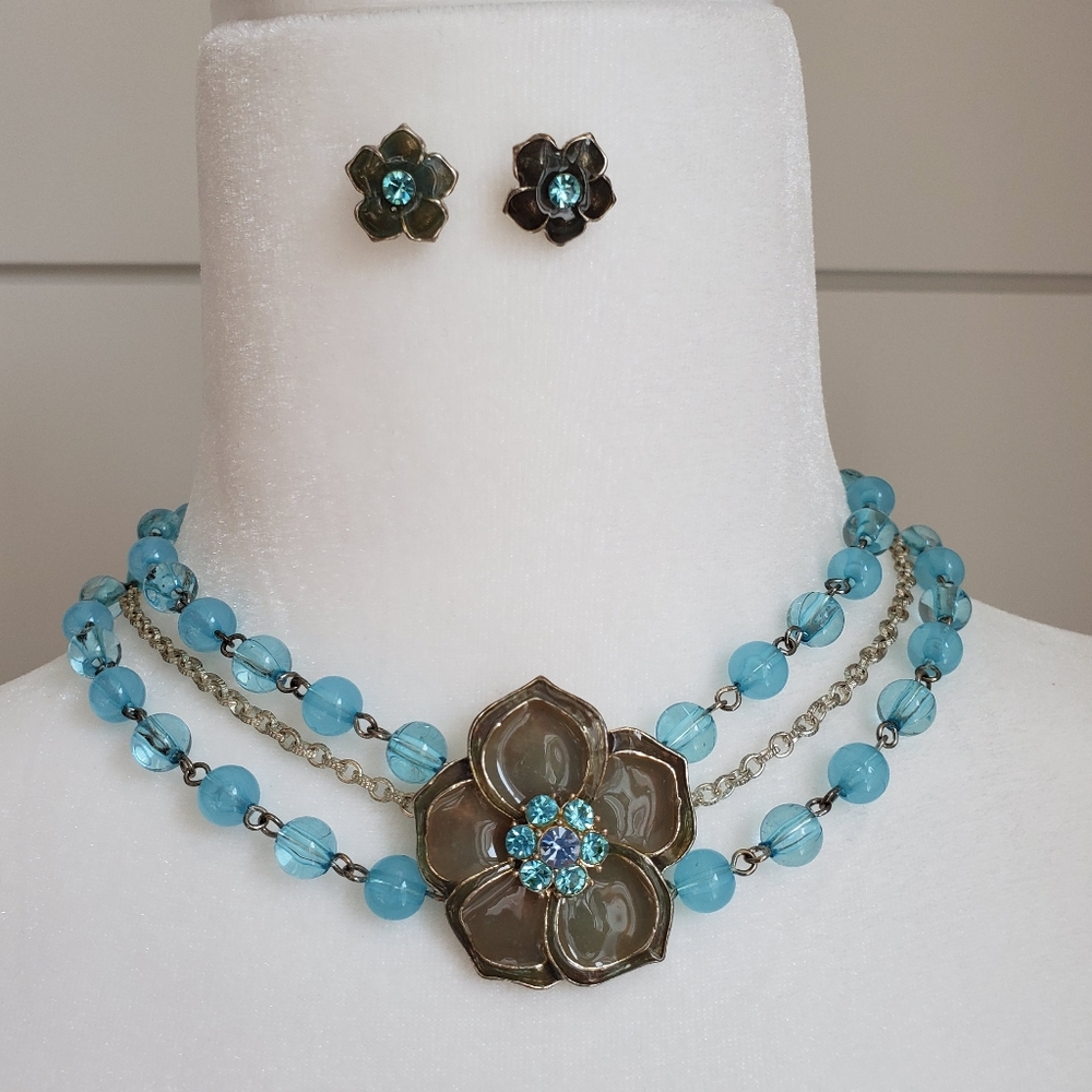 Vintage-Style Teal Flower Necklace & Earring Set